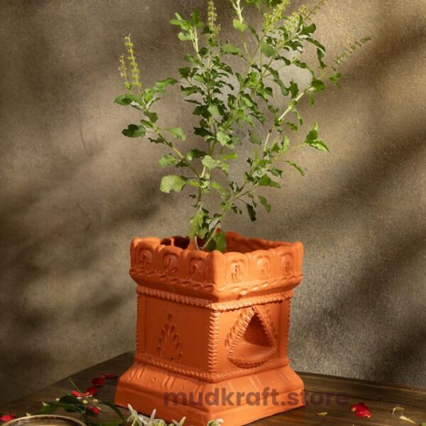Mudkraft Terracotta Tulsi Brindavan Pot with Drainage Hole | Handmade Clay Tulsi Planter for Balcony, Home & Garden